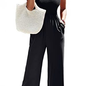 Angashion Women's Summer Wide Leg Jumpsuits One Shoulder Casual Sleeveless Elastic High Waist Solid Color Romper with Pockets Black Large