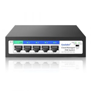 Goalake 5 Port AI Unmanaged PoE+ Switch?4 POE+ Ports +1 Uplink)?802. 3af/at PoE+ 100Mbps, 52W Built - in Power, AI Extended to 250m, 4kv Lightning Pr