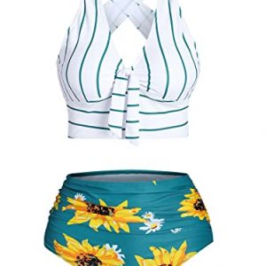 DRESSFO Women's Bikini Swimwear Sunflower Striped Criss Cross Tummy Control Tied Tankini Swimwear(Green, M)