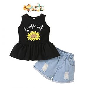 puseky Toddler Girls Sunflower Outfits Sleeveless Vest Shirt Denim Shorts Floral Headband Sunflower Summer Set