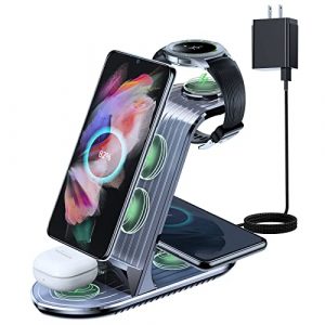 LONYAN Wireless Charging Station, 4 in 1 Samsung Wireless Charger for Samsung Galaxy Watch 4/3/Active 2/Gear S4/S3 Galaxy S22/S21/S20/S10/Z Flip3/Z Fold3/Note20/Note10/Galaxy Buds(with QC 3. 0 Adapter)