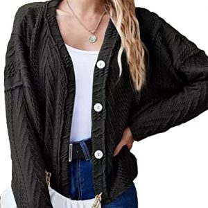 Women's Long Sleeve Cable Knit Sweater Open Front Cardigan Button Loose Outerwear (Black, XL)