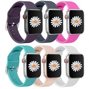 Mosonio 6 Pack Compatible with Apple Watch Band 42mm 44mm 45mm, Sport Silicone Replacement Band Compatible for iWatch Series 7 6 5 4 3 2 1 SE(Purple/G