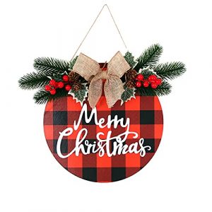 Christmas Door Wreath, Christmas Wreaths for Front Door, Red Xmas Artificial Wreath, Merry Christmas Welcome Sign for Holiday Rustic Farmhouse Home Po