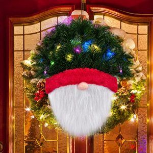 FIABC Christmas Gnome Door Signs, Afro Head Santa Claus Hanging Sign for Front Door with LED Lights , Artificial Wreath Decorations for Home Outdoor Ind