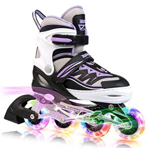 2PM SPORTS Cytia Purple Girls Adjustable Illuminating Inline Skates with Light up Wheels, Fun Flashing Rollerblades for Kids - Large (3Y - 6Y US)