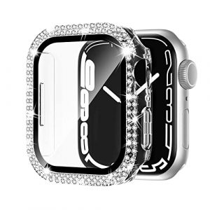 Adepoy for Apple Watch Case 44mm Series 6/5/4/SE with Tempered Glass Screen Protector, Double Bling Case Crystal Diamonds Rhinestone Bumper Overall Ha