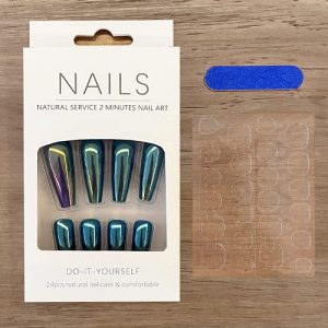 Alyxxndra Long Press On Nails Coffin Fake Nail Tips Artificial, Glossy Aurora Color Glitter 24pcs Natural 2 Minutes Nail Art (Dark Green)