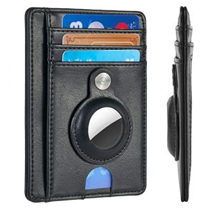 Mutural Slim Minimalist Wallet for Men with Detachable Case Holder for Airtag, Leather Front Pocket Wallet Credit Card Case (Black)