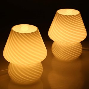 BSOD Glass Mushroom Bedside Table Lamp 2 Sets Lamps, Translucent Murano Vintage Style Striped Small Nightstand Desk lamp Swirl Light for Home Decor, Dining, Living, Bedroom, Gift (2 Stripe White)