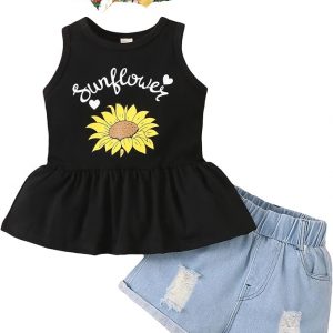 puseky Toddler Girls Sunflower Outfits Sleeveless Vest Shirt Denim Shorts Floral Headband Sunflower Summer Set