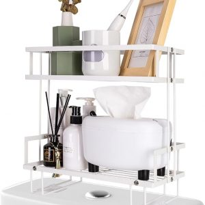 Bathroom Over Toilet Storage Shelf, Bathroom Storage, 2 Tier Bathroom Organizer with 4 Hanging Hooks, No Drilling Multipurpose for Bathroom Kitchen (W