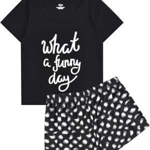 ABeCue Womens Letters Pajamas T - shirt and Shorts Summer PJS Set (Black, S)