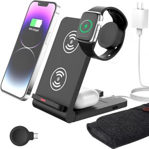 Wireless Charger Foldable Charging Station - 15W Fast Charging Dock with Portable Bag for iPhone Series for iWatch, All - in - One Wireless Charger, Watch Phone Dock, Cell Phone Watch Charger