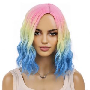 MAGQOO Rainbow Wig Side Part Short Curly Wavy Hair Wigs Synthetic Heat Resistant Cosplay Costume Party Wigs (Rainbow, Women Girls)