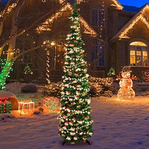 Pencil?Christmas?Tree?5Ft, Artificial?Slim?Skinny?Pop Up Christmas?Tree?Holiday?Decoration with Ornament Elk, Green, ?PET?Material?Includes?