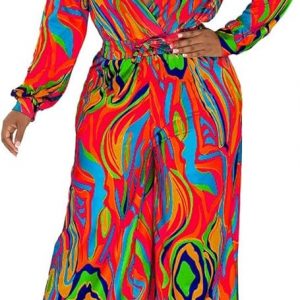MOEENCN Vacation Jumpsuit Outfits for Women deep V Long Sleeve Tropical Print high Waist Wide Leg Casual Jumpsuits Loose fit Red M