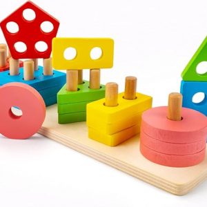 UNIH Wooden Sorting & Stacking Toys for Toddlers, Wood City Educational Shape Color Recognition Puzzle Stacker, Montessori Toys for 1 Year Old Boys Gi