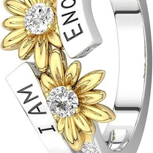 Letter Rings for Women Silver Diamond I AM Enough Rings Daisy Bicolor Fashion Rings Engagement Wedding Rings(Silver, 6)