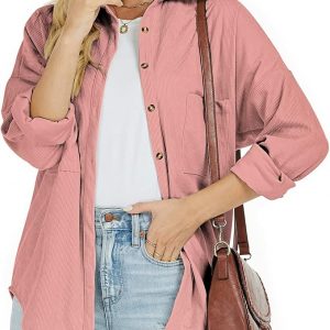 Women Shacket Jacket Button Down Corduroy Shacket Casual Fall Jacket Long Sleeve Oversized Boyfriend Shirts, Pink L
