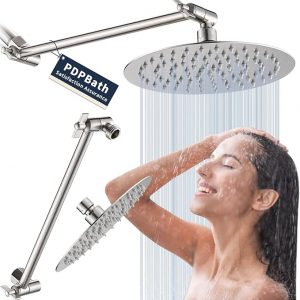 PDPBath 8" Rain Shower Head with 12" Adjustable Height & Distance Extension Arm, 304 Stainless Steel High Pressure Rainfall Showerhead, All Metal Round