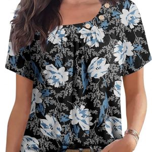 PrinStory Women's Short Sleeve Tops Summer Fashion Irregular Neck Knitted Casual Loose Pullover Shirts US White Lily M