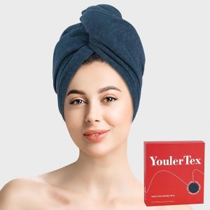 YoulerTex Microfiber Hair Towel Wrap - Long Hair Head Wrap Terry Cloth Turban Fast Absorbent Turban Drying Anti Frizz Twist Plopping Curly Turbans for Women with Button (Dark Blue)