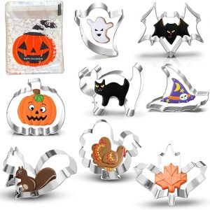 Halloween Thanksgiving Fall Cookie Cutter Set - 3 Inches - 8 Piece - Pumpkin, Turkey, Maple Leaf, Squirrel, Bat, Ghost, Witch Hat and Cat, with 100 - Pack Coo