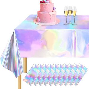 GroTheory 10 Pack Iridescent Tablecloth, Holographic Table Cloth, 54" X 108" Rectangle Disco Table Cloth, Glitter Tablecloth for Fortnite, Graduation, Birthday Party, Games, Iridescent Decorations