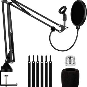 Heavy Duty Microphone Arm Stand, Adjustable Suspension Boom Scissor Mic Stand with Dual Layered Mic Pop Filter, 3/8" to 5/8" Screw Adapter Clip Compat