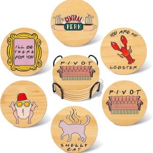 Puluole Friends Coasters for Drinks, 6 PCS Funny Coasters Set with Coaster Holder, Wood Coasters for Coffee Table, Cute Coasters for Home Decor, Friends T