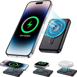 kurdene Wireless Portable Charger, 3 in1 Magnetic Power Bank Compatible with iWatch Charger, 5000mAh Mag - Safe Battery Pack, Compatible with iPhone 15/14/13/12 Series, Apple Watch Series, Airpods