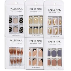 6 Packs (144 Pcs) Press on Nails, Acrylic Nail Kit Fake Nails For Women, French False Gel X Nail Kit, DIY Manicure Nail Art with Adhesive Tabs & Glue