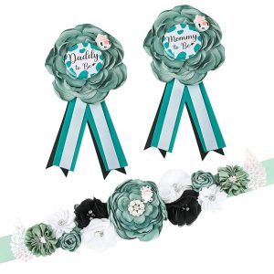 Ovveroche Maternity Sash Kit Mommy Daddy to Be Corsage Pins Green Flower Crown Belly Belt Baby Shower Sash for Pregnant Mommy Decorations Photo Props(Sage Green)