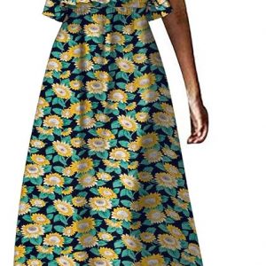 ZMPSIISA Women's Summer Off The Shoulder Maxi Dress Ruffle Strapless Blue White Porcelain Boho Casual Loose Long Dress(A - Sunflower Navy, Medium)