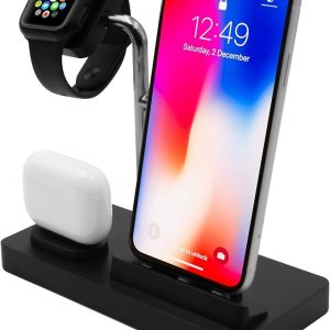 Macally iPhone Airpod Apple Watch Charging Station for Apple Devices - 3 in 1 Phone Watch and Airpod Charging Stand Holder, Compatible with All iPhone