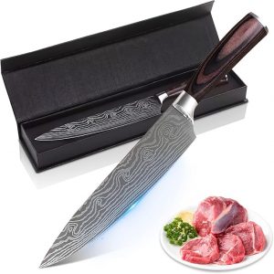 Ardanlingke Chef Knife, 8 inch kitchen knife with laser pattern, German High Carbon Stainless Steel Sharp Knife, colored wood handle with ergonomic de