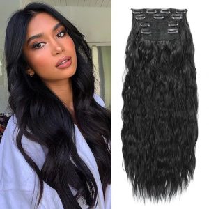 Pelidon Clip in Long Wave Synthetic Hair Extensions 24 Inch 4Pcs Thick Hairpieces Fiber Double Weft Hair Extension for Women Black Color