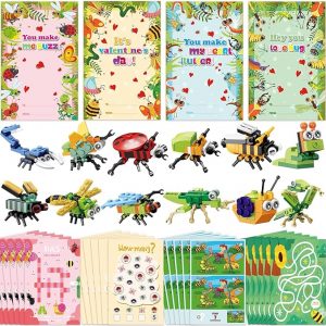 Luucio 24 Packs Valentines Day Cards for Kids - Insect Building Blocks Valentines Day Gifts for Kids Classroom, Valentines Day Exchange Cards for Kids Valentines Party Favor, Valentine Greeting Cards
