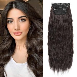 Pelidon Clip in Long Wave Synthetic Hair Extensions 24 Inch 4Pcs Thick Hairpieces Fiber Double Weft Hair Extension for Women Medium Reddish Brown Colo