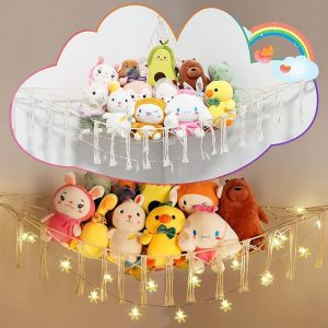RORJOY Stuffed Animal Net or Hammock, Big Size Plush Toy Net Hammock with Decorative String Light, Corner Stuffed Animal Hammock Hanging Storage Holde