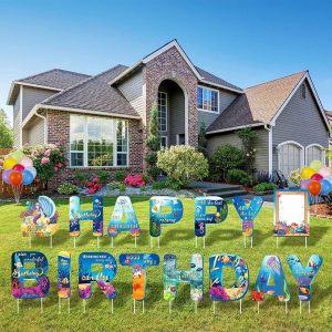 JOELELI Happy Birthday Lawn Signs, 11. 8in Birthday Yard Letters Set with 50 Balloons, Set of 15 Colorful Outdoor Lawn Decorations with Bright Letters, O