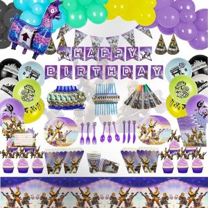 145 Pcs Fornite Party Supplies Birthday Decorations Include Tablecloth, Pennants, Background Cloth, Plates, Napkins, Cups, Knives, Forks Gift Bag, Spoo