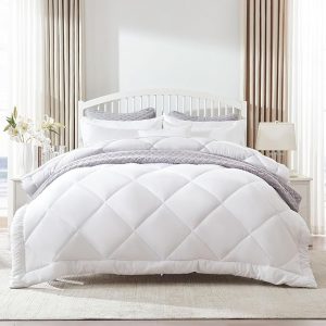 SLEEP ZONE Reversible Queen Size Cooling Comforter, Soft Breathable Bedding Down Alternative Comforter Warm for All Seasons, Diamond Quilting White