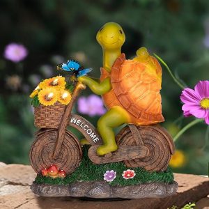 everby - yh Garden Turtle Outdoor Decor with Butterfly, Solar Powered LED Lighted Mother & Baby Turtle Sculpture Riding Bike - Resin Turtle Figurines Lawn ornament - Warming Turtle Gift for Patio
