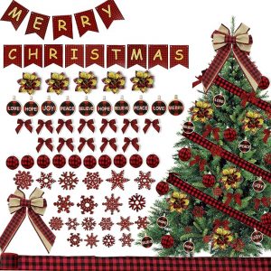 60PCS Buffalo Plaid Christmas Ornament Decor Set, Include Plaid Ball, Poinsettia, Wooden Snowflake Hanging Ornament, Plaid Tree Topper Bow, Small Bow,