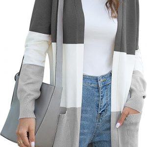 CPOKRTWSO Women's Classic Long Sleeve Knit Cardigan Sweaters Casual Open Front Cardigan, Colorblock Grey, S